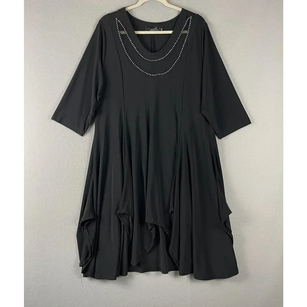 Sympli Grand Tunic Dress Womens 2G Black Rhinestone Mesh Asymmetrical Lagenlook‎